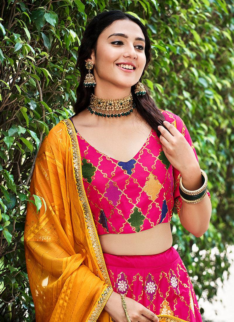 Silk Base Rani Pink Embroidered Lehenga