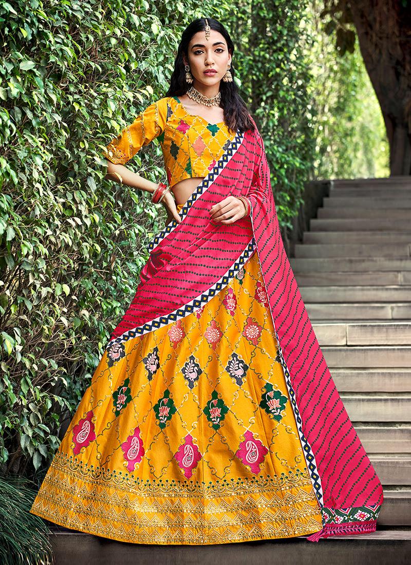 Silk Base Yellow Embroidered Lehenga