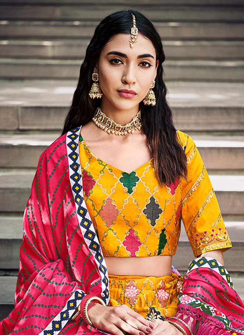 Silk Base Yellow Embroidered Lehenga