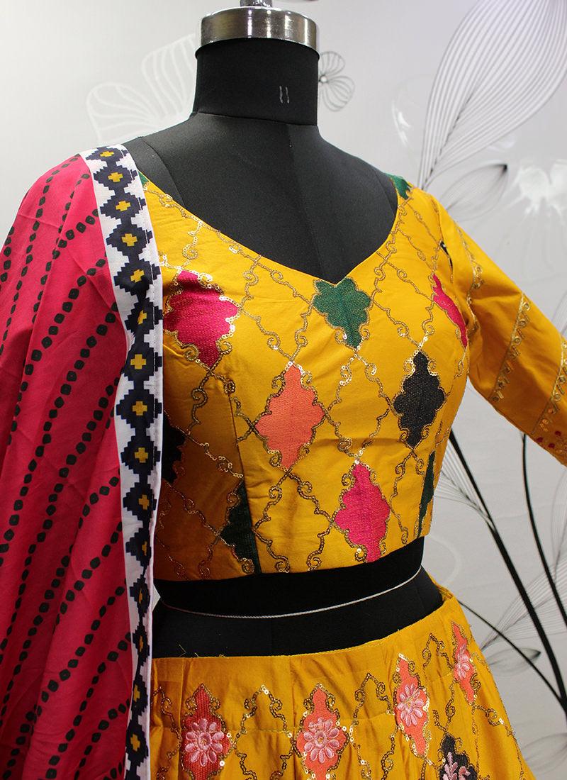 Silk Base Yellow Embroidered Lehenga