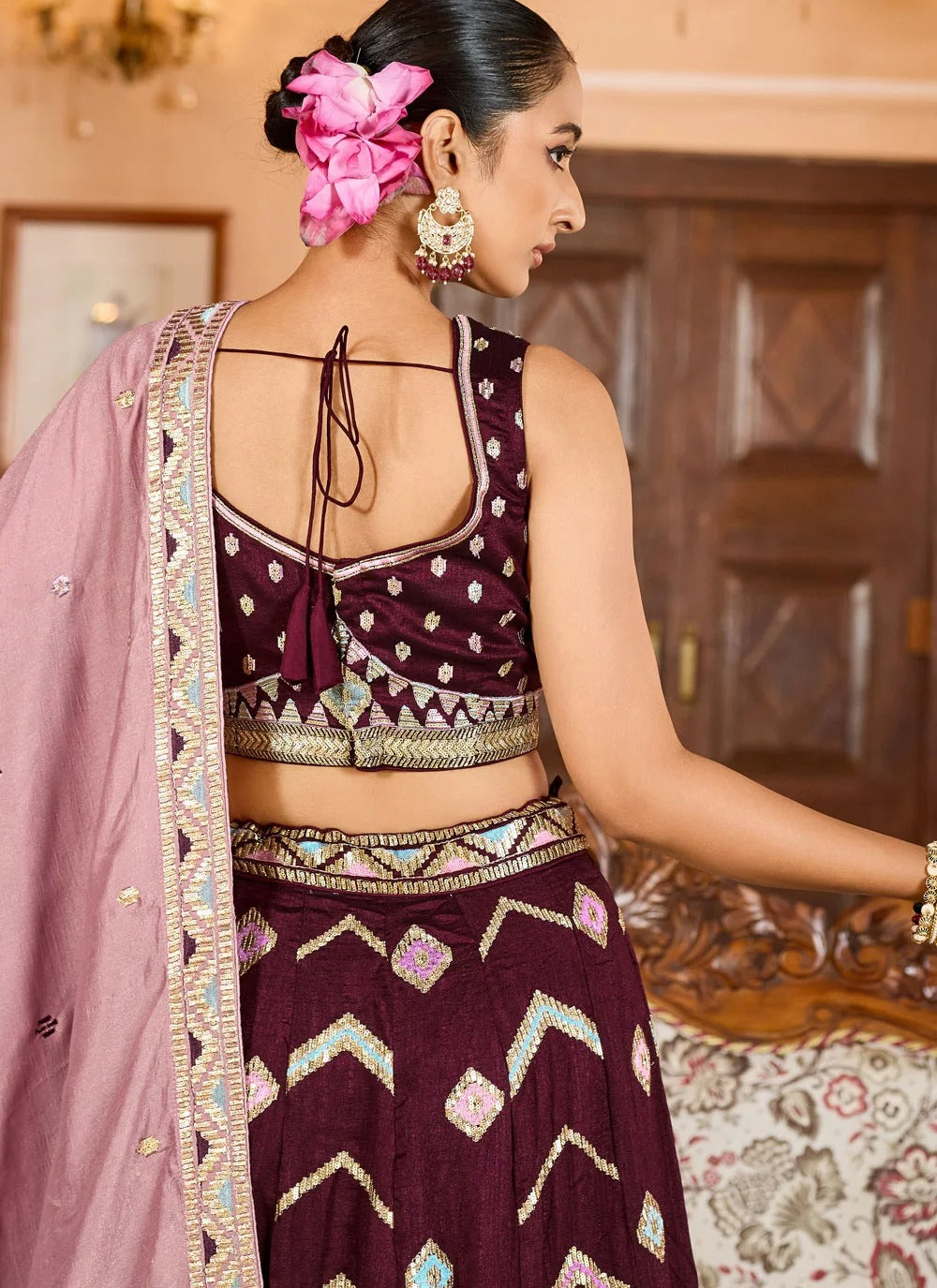 Regal burgundy reception lehenga in silk with stone thread embroidery