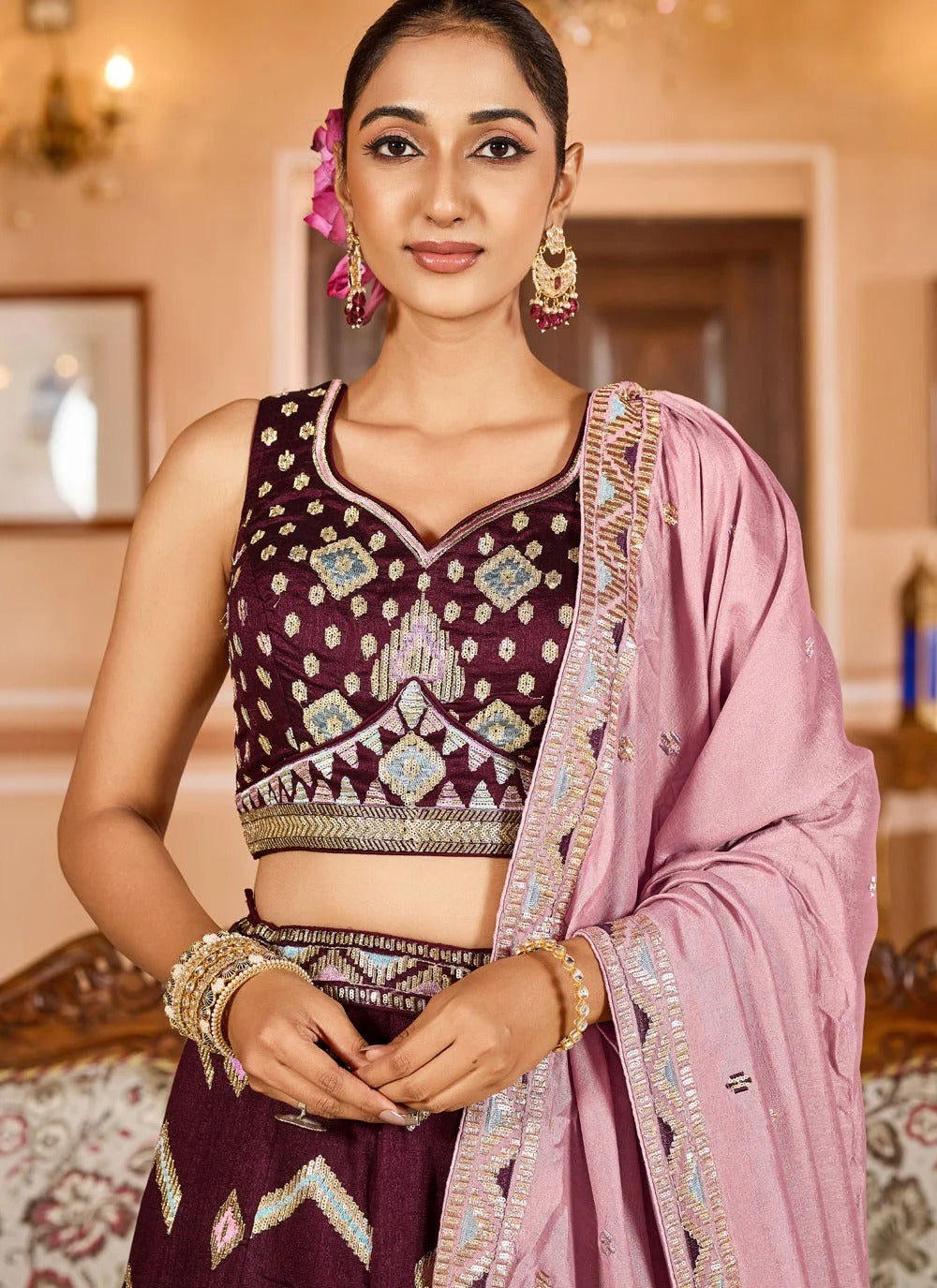 Regal burgundy reception lehenga in silk with stone thread embroidery