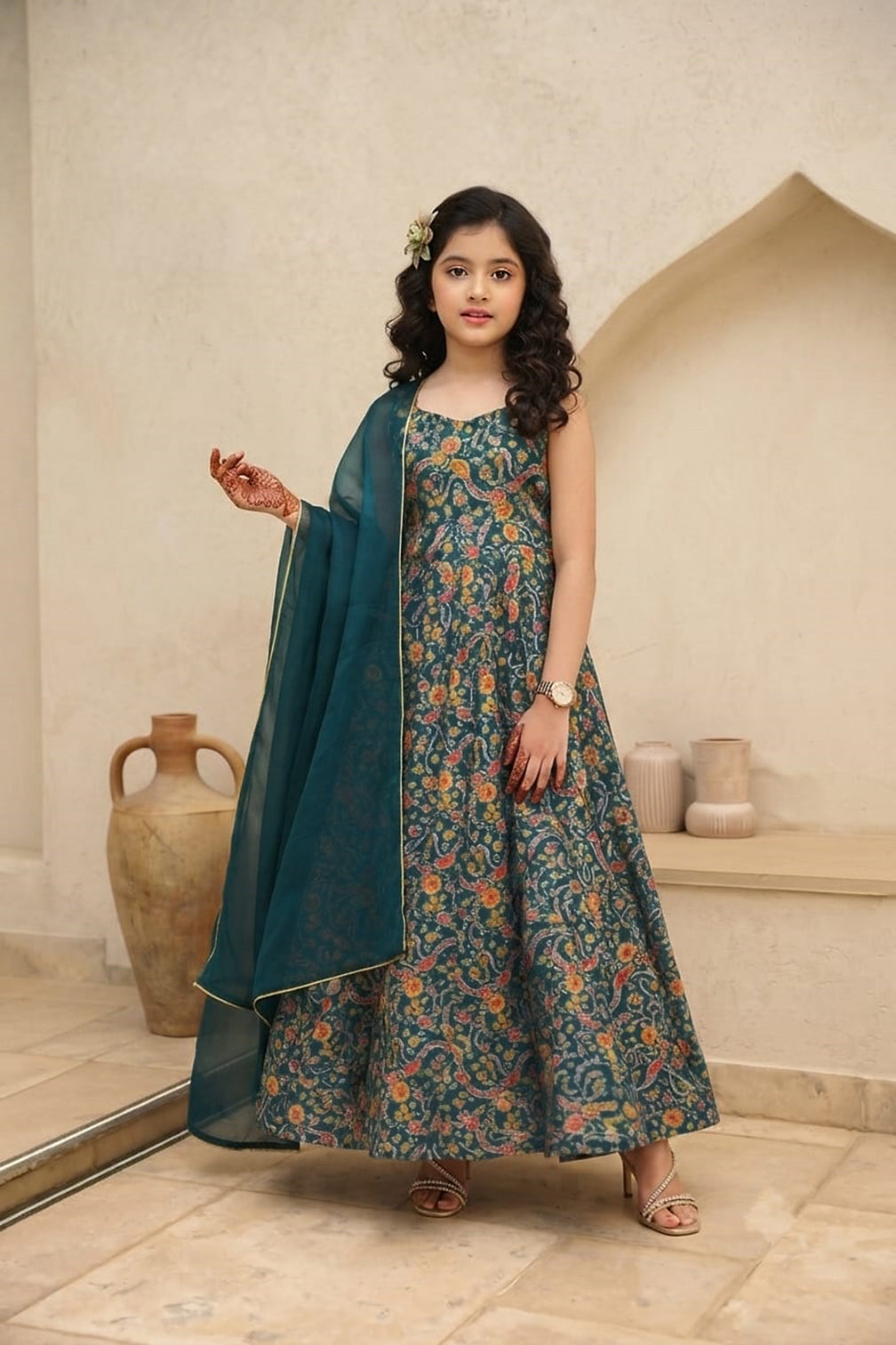 Silk Digital Print Anarkali Gown with Organza Dupatta for Girls