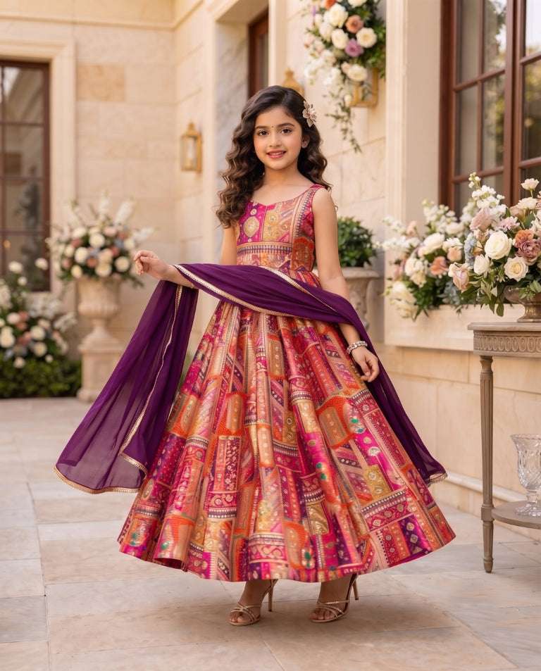 Silk Digital Print Anarkali Gown with Organza Dupatta for Girls