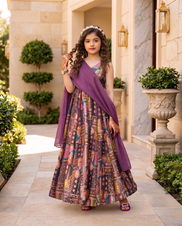 Silk Digital Print Anarkali Gown with Organza Dupatta for Girls