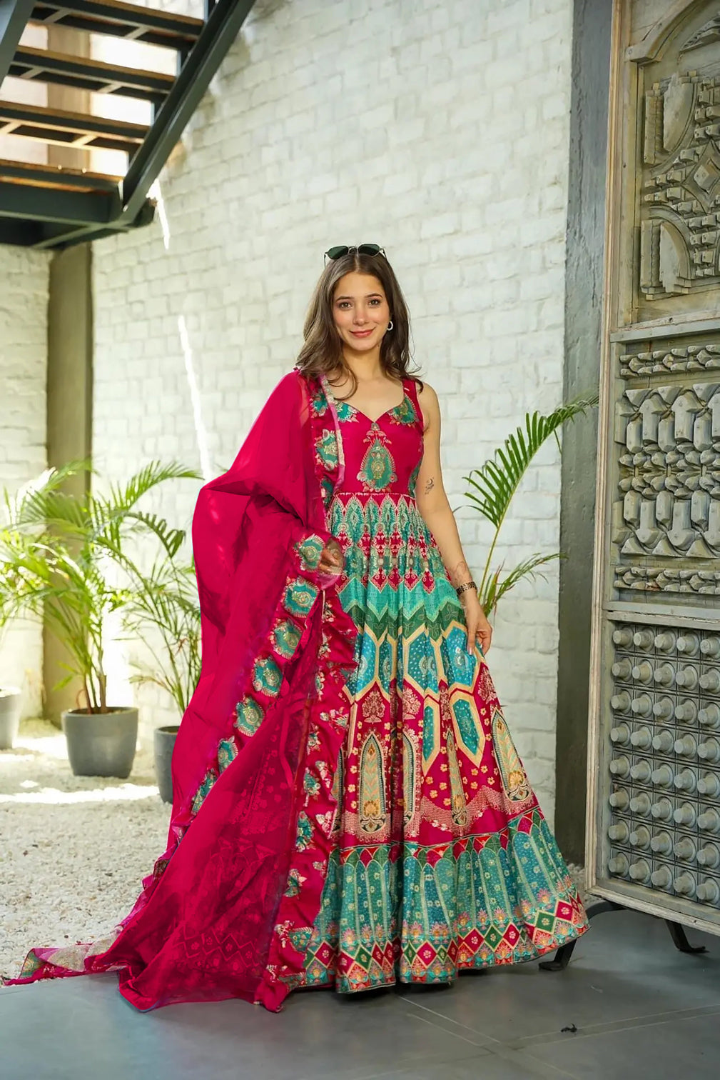 Silk Digital Print Anarkali Gown with Organza Dupatta