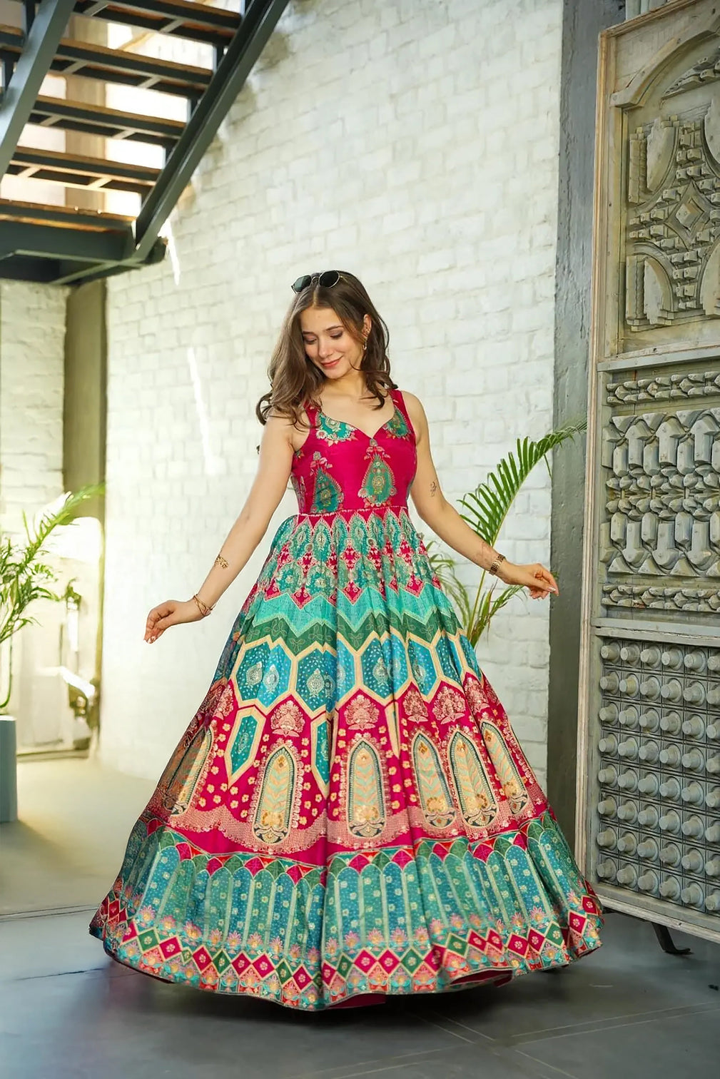 Silk Digital Print Anarkali Gown with Organza Dupatta