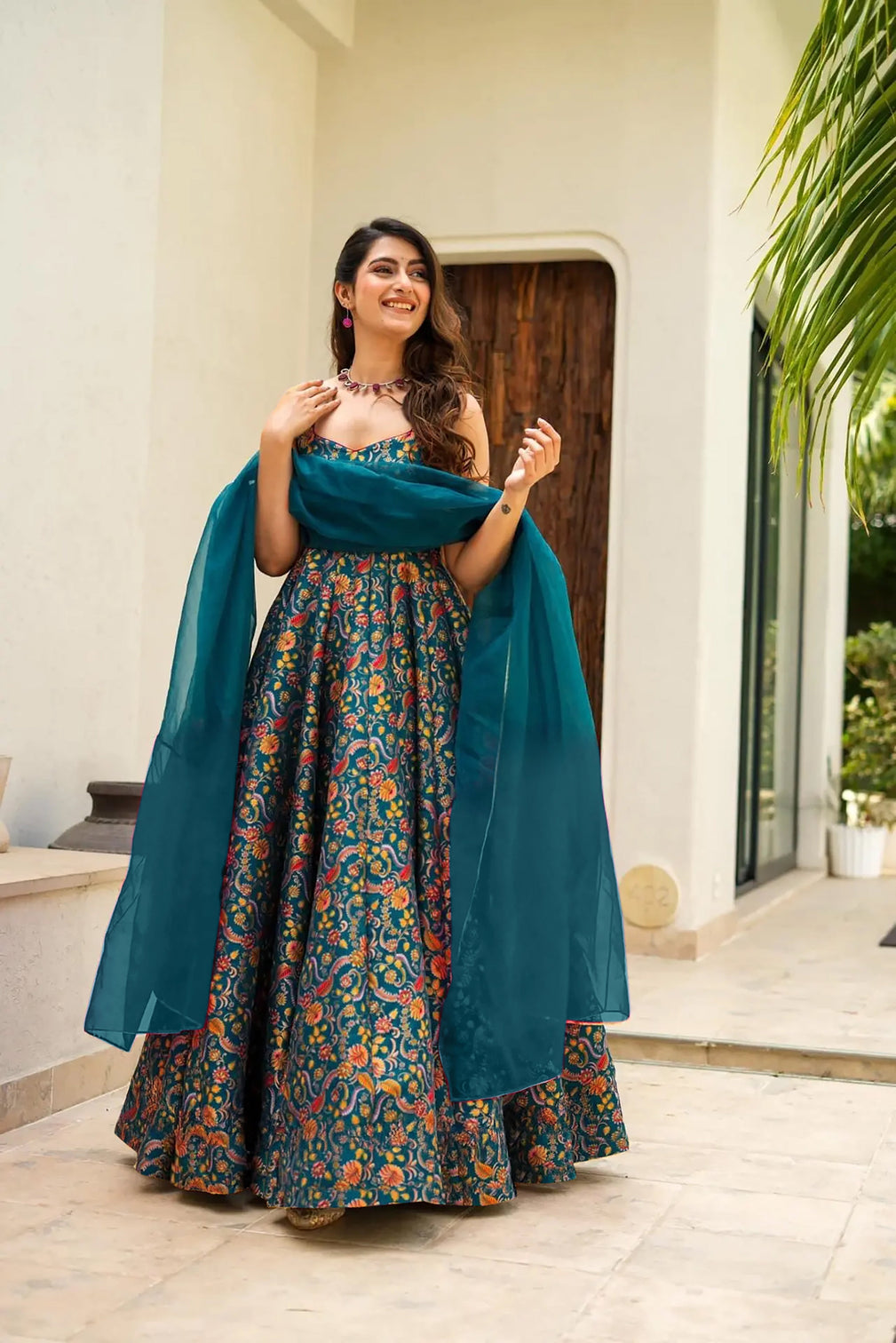 Silk Digital Print Anarkali Gown with Organza Dupatta