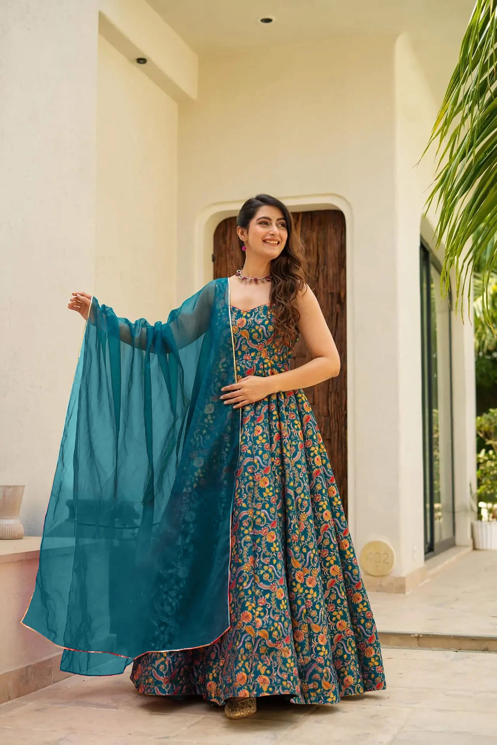 Silk Digital Print Anarkali Gown with Organza Dupatta