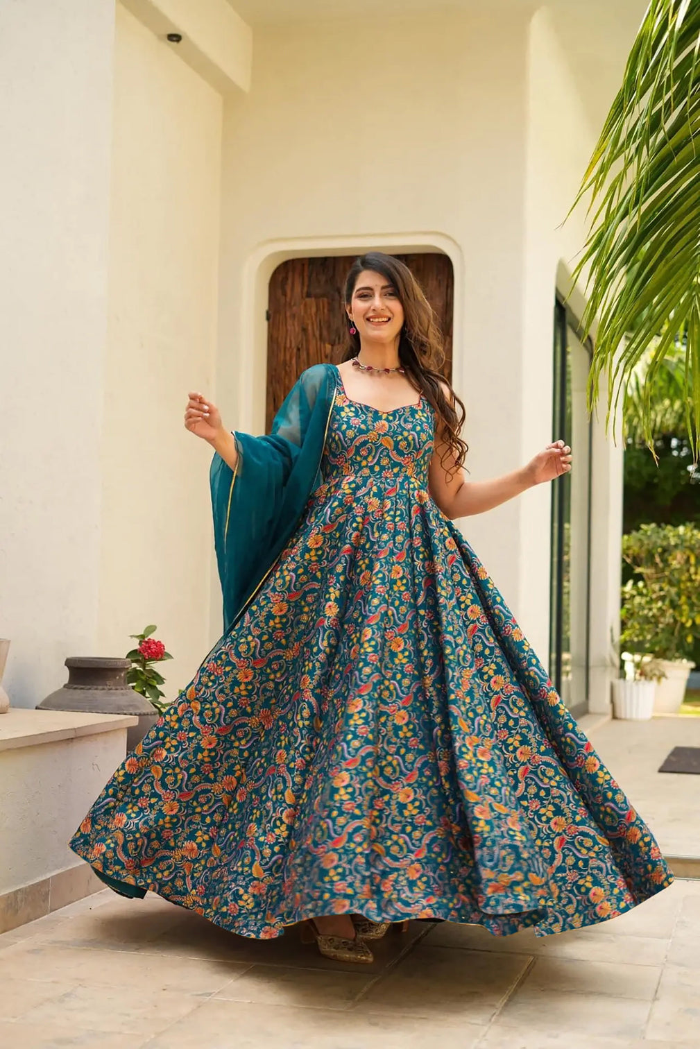 Silk Digital Print Anarkali Gown with Organza Dupatta