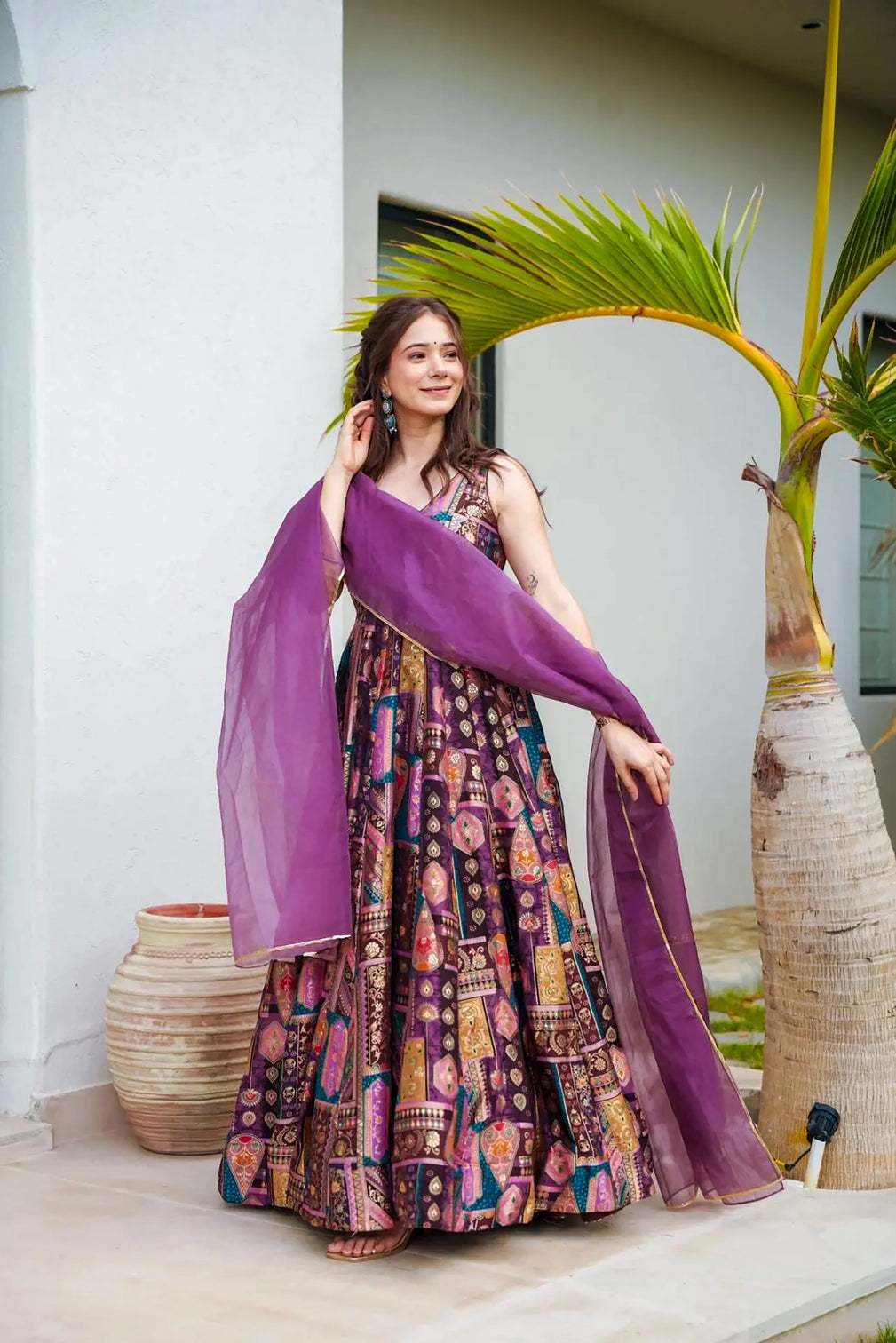 Silk Digital Print Anarkali Gown with Organza Dupatta