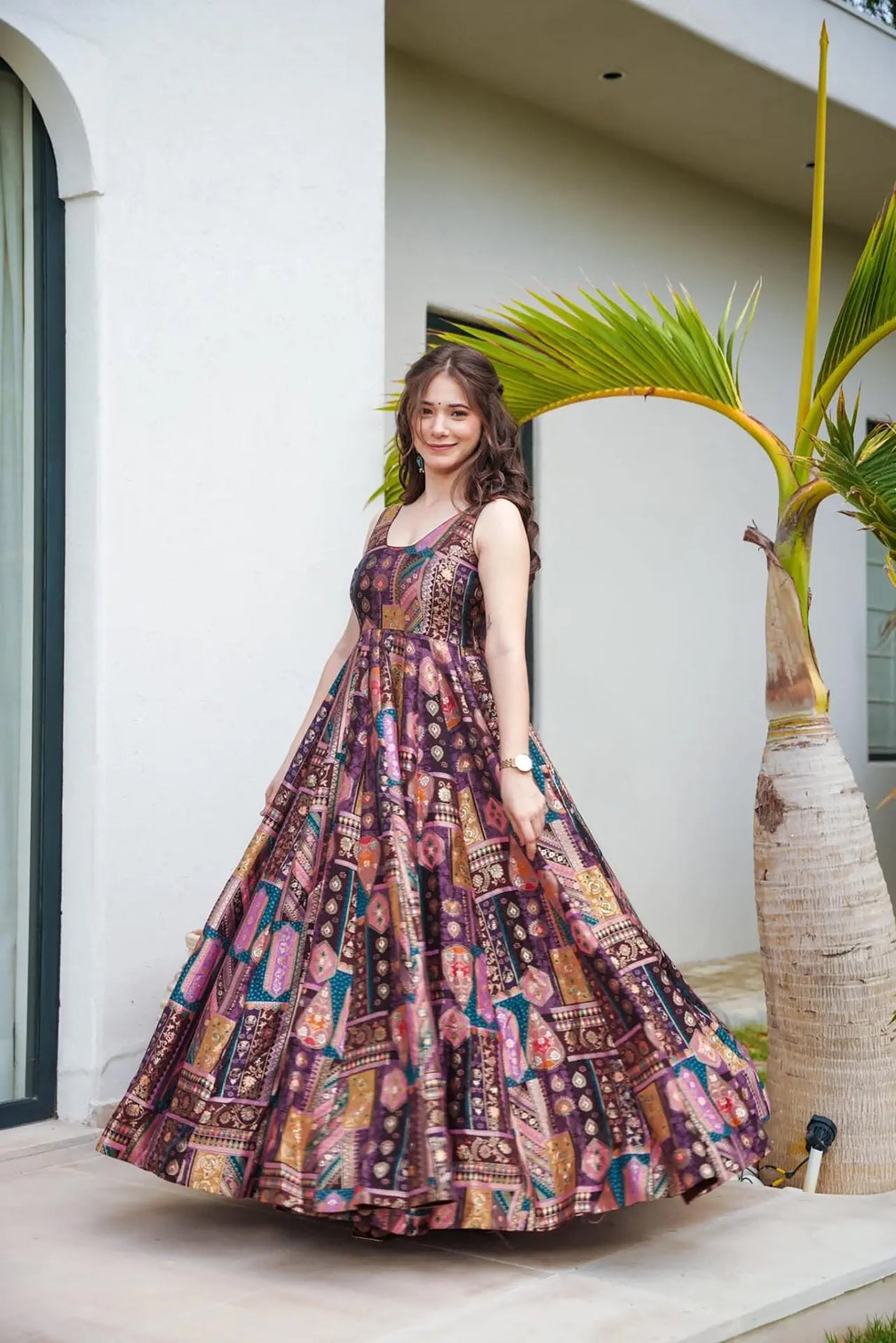 Silk Digital Print Anarkali Gown with Organza Dupatta