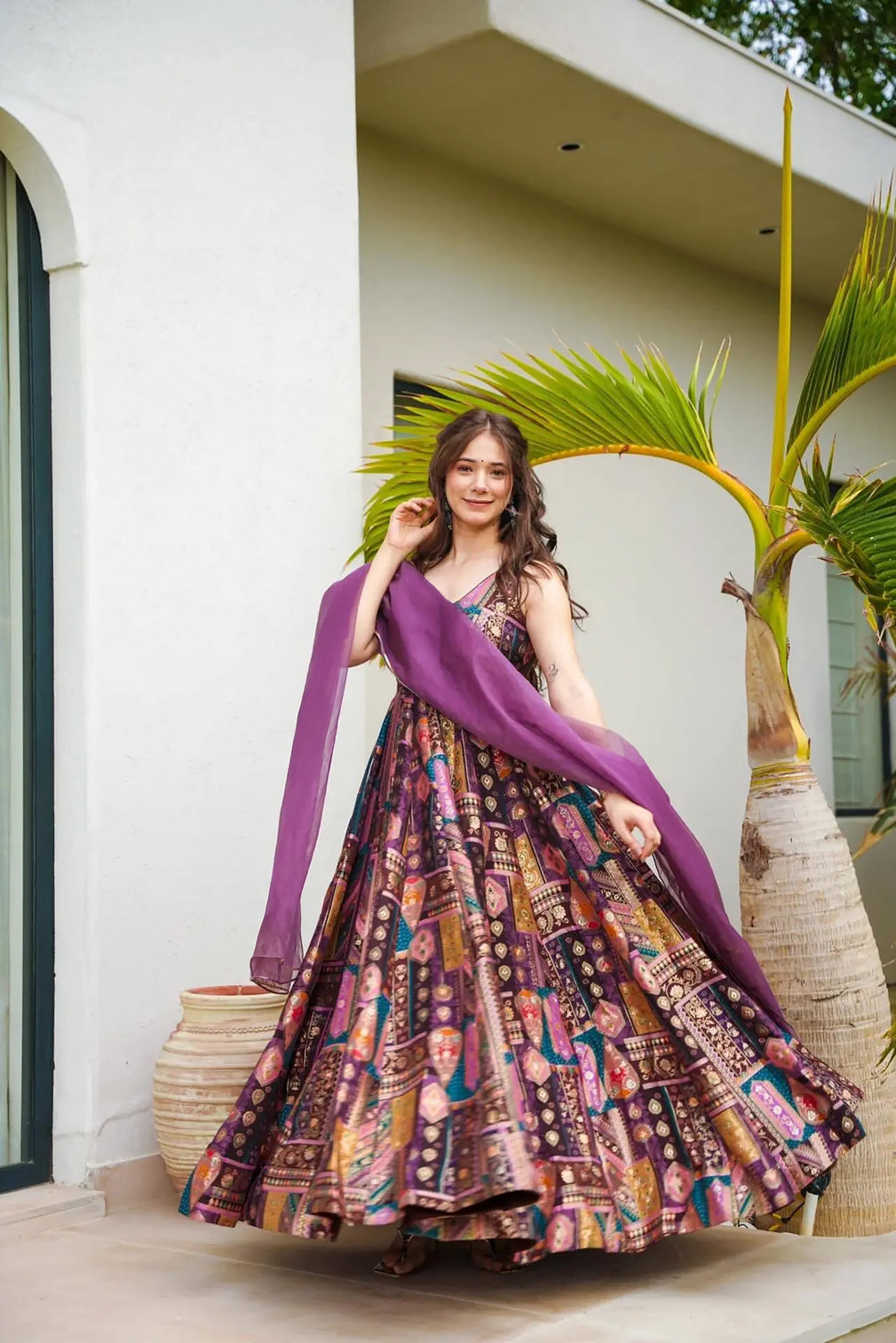 Silk Digital Print Anarkali Gown with Organza Dupatta