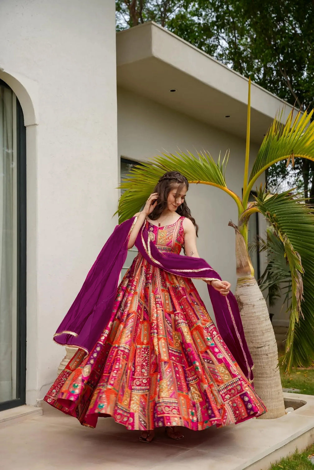 Silk Digital Print Anarkali Gown with Organza Dupatta