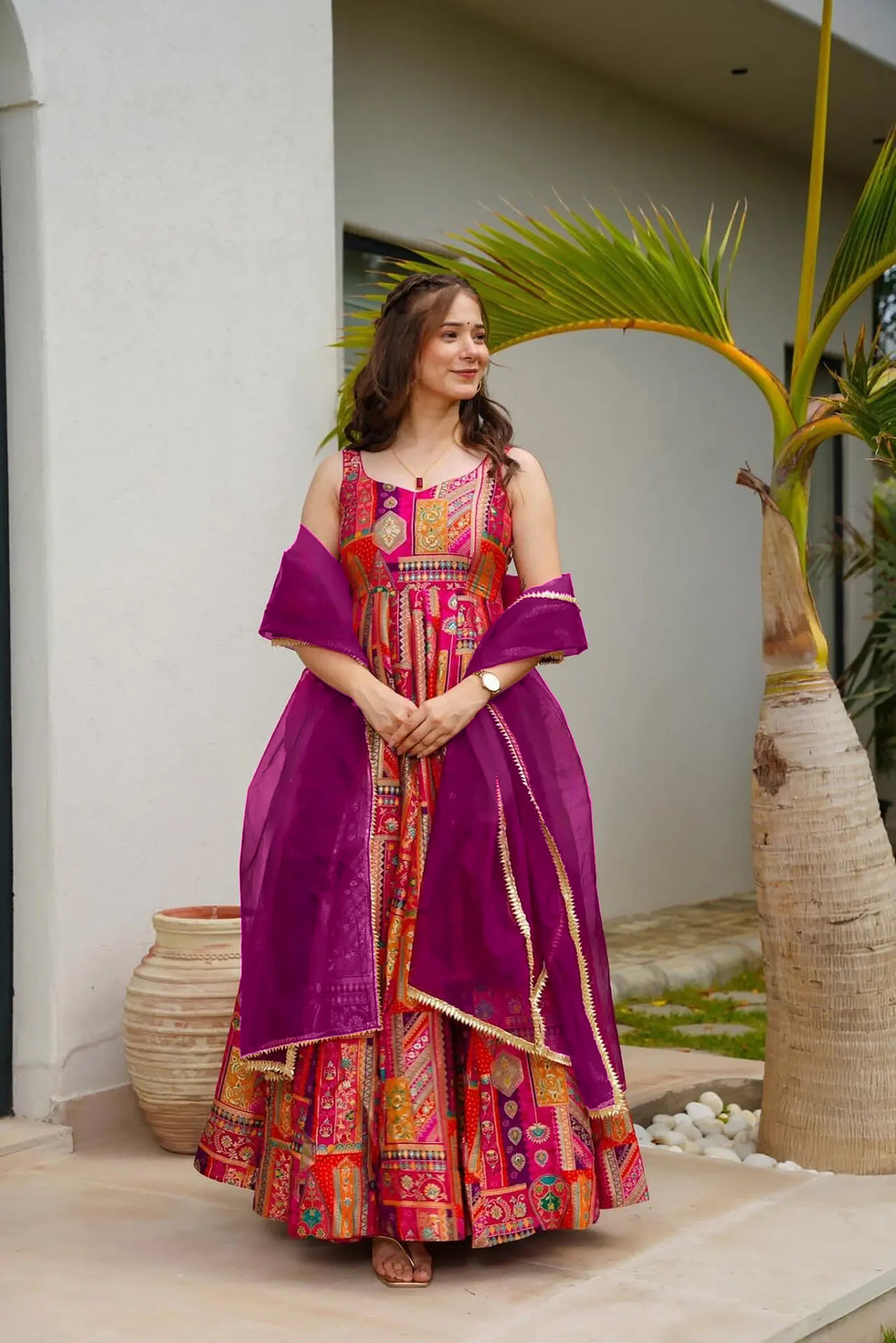 Silk Digital Print Anarkali Gown with Organza Dupatta