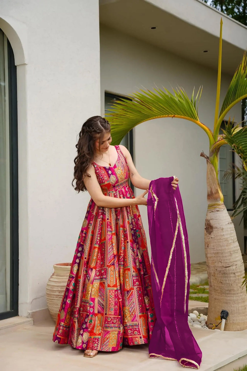Silk Digital Print Anarkali Gown with Organza Dupatta