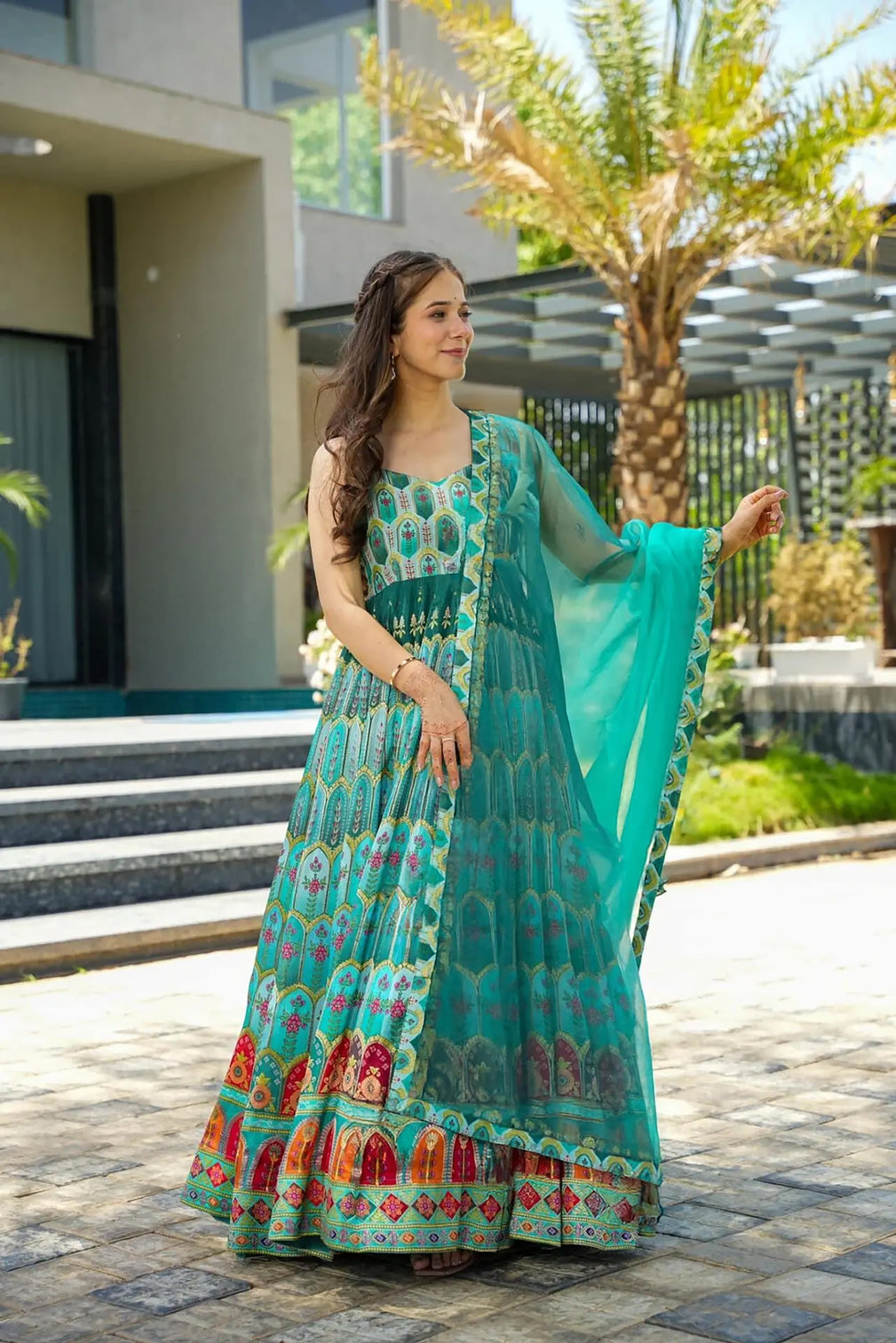 Silk Digital Print Anarkali Gown with Organza Dupatta