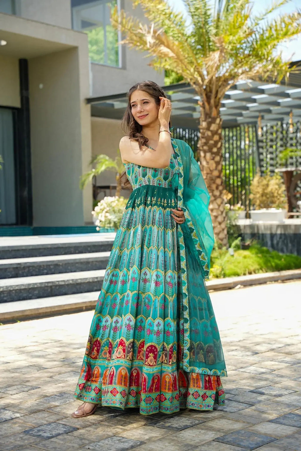 Silk Digital Print Anarkali Gown with Organza Dupatta