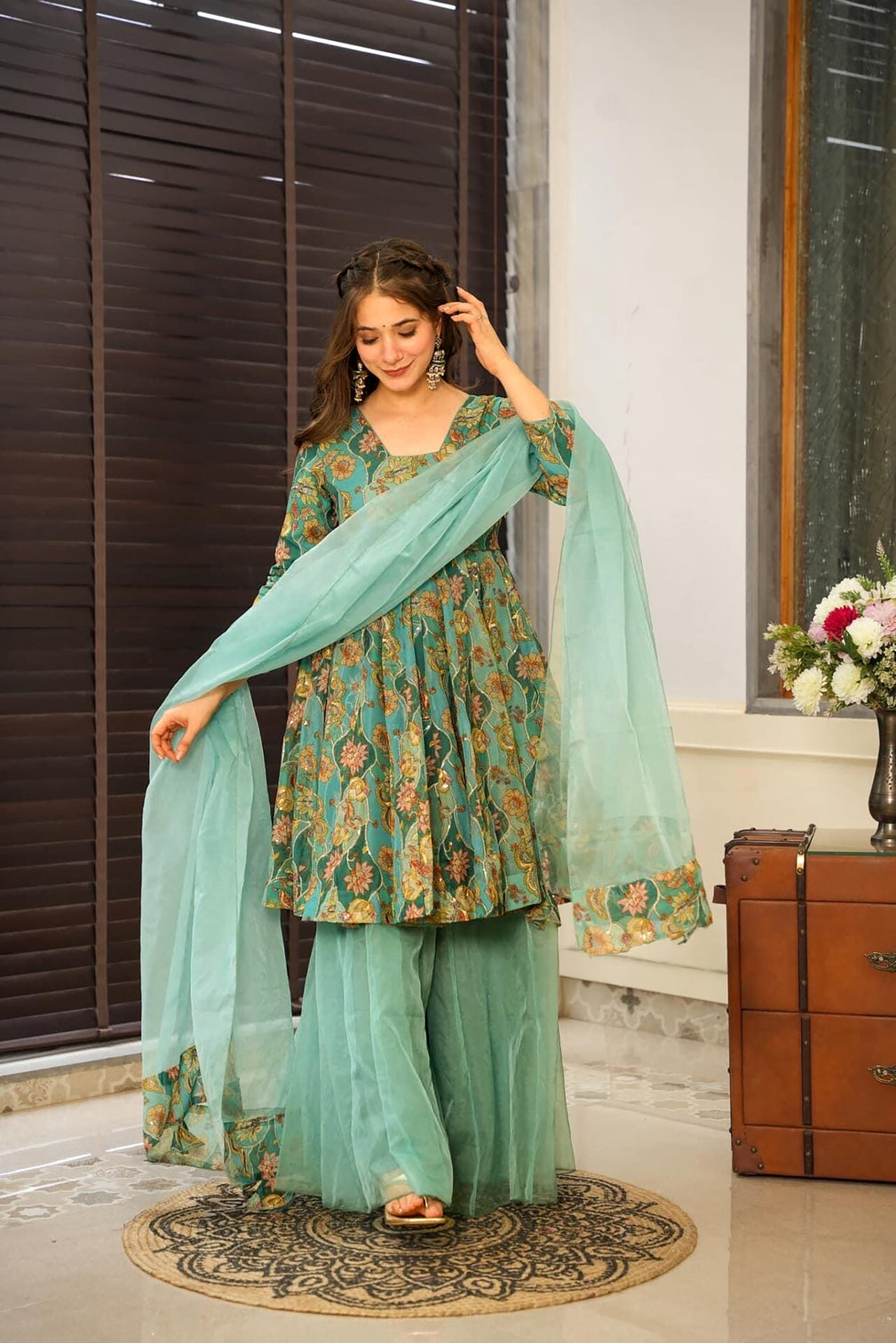 Silk Digital Print Sharara Suit with Organza Dupatta