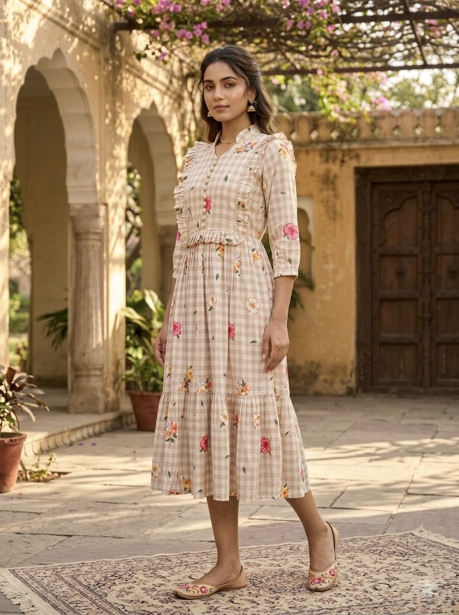 Silk Printed Kurti with Puff Sleeves