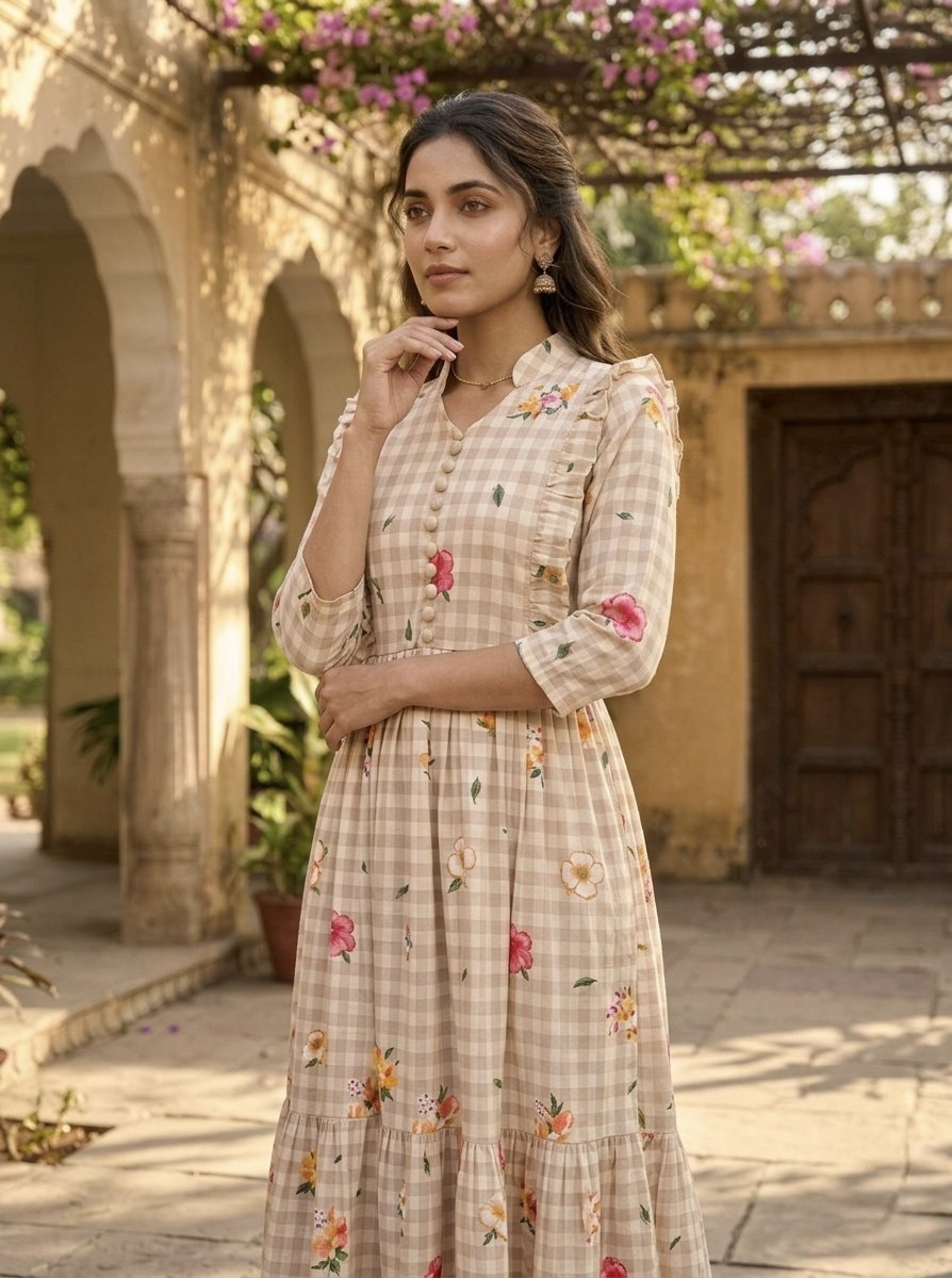 Silk Printed Kurti with Puff Sleeves