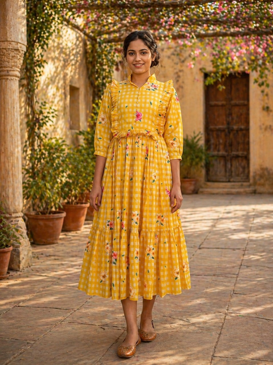Silk Printed Kurti with Puff Sleeves