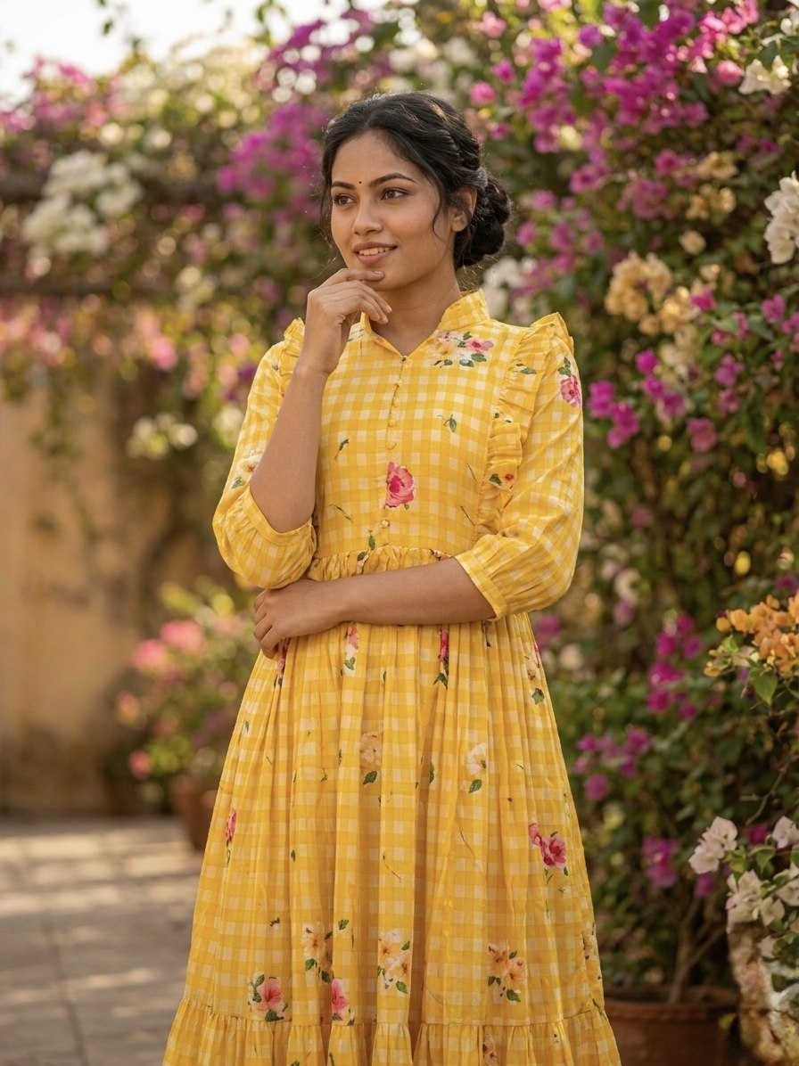 Silk Printed Kurti with Puff Sleeves