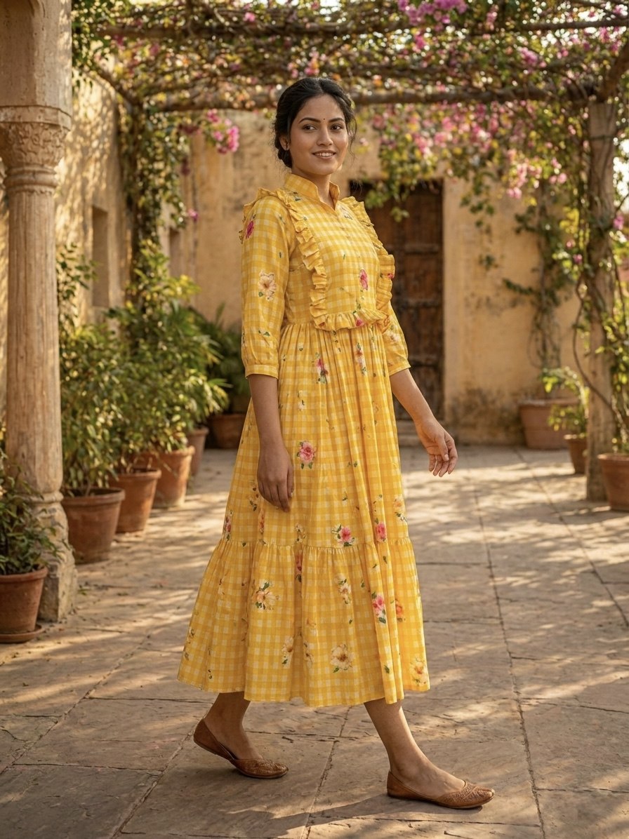 Silk Printed Kurti with Puff Sleeves