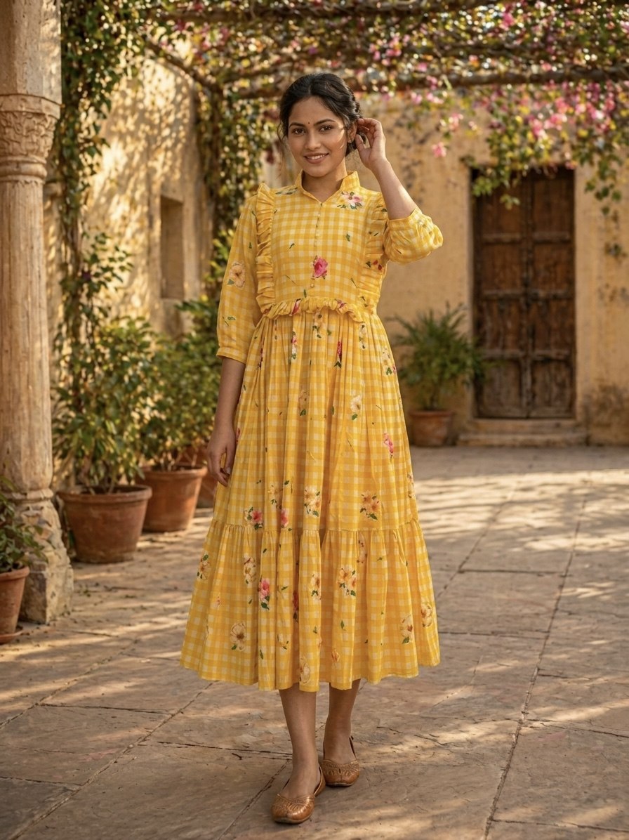 Silk Printed Kurti with Puff Sleeves