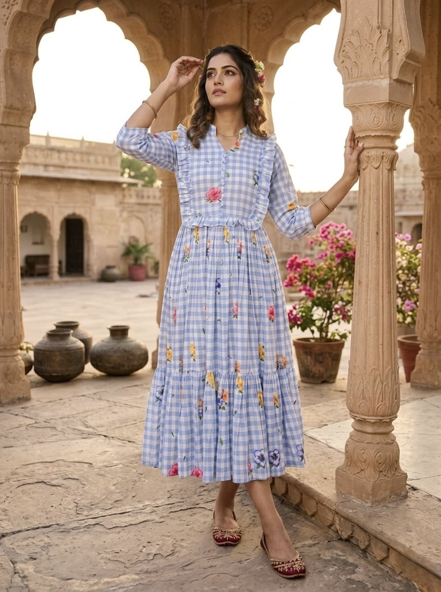 Silk Printed Kurti with Puff Sleeves