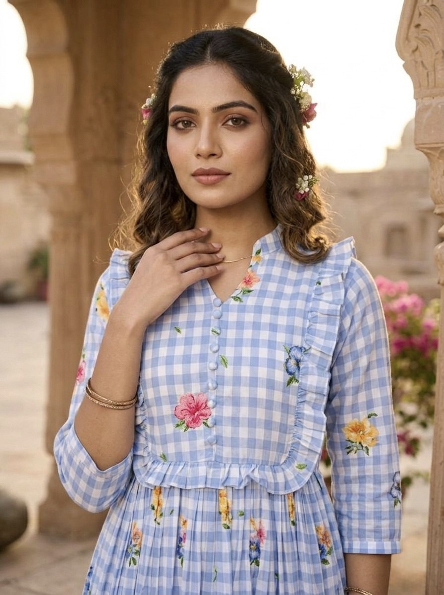 Silk Printed Kurti with Puff Sleeves