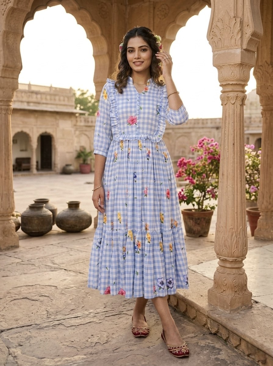 Silk Printed Kurti with Puff Sleeves