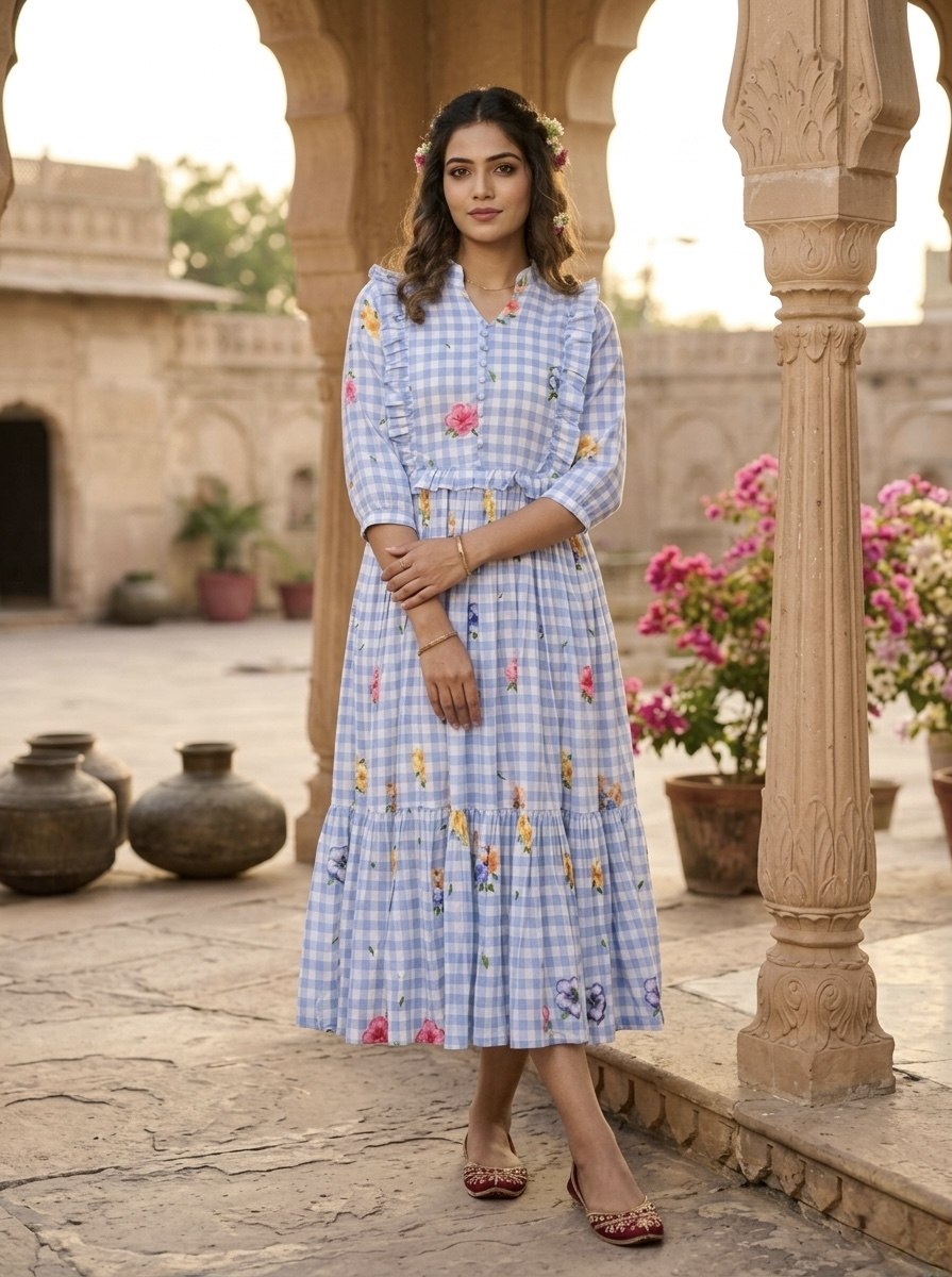 Silk Printed Kurti with Puff Sleeves