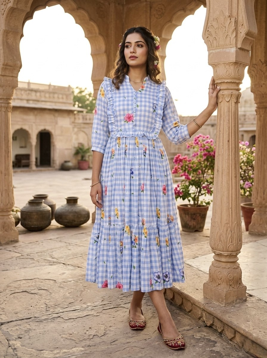 Silk Printed Kurti with Puff Sleeves