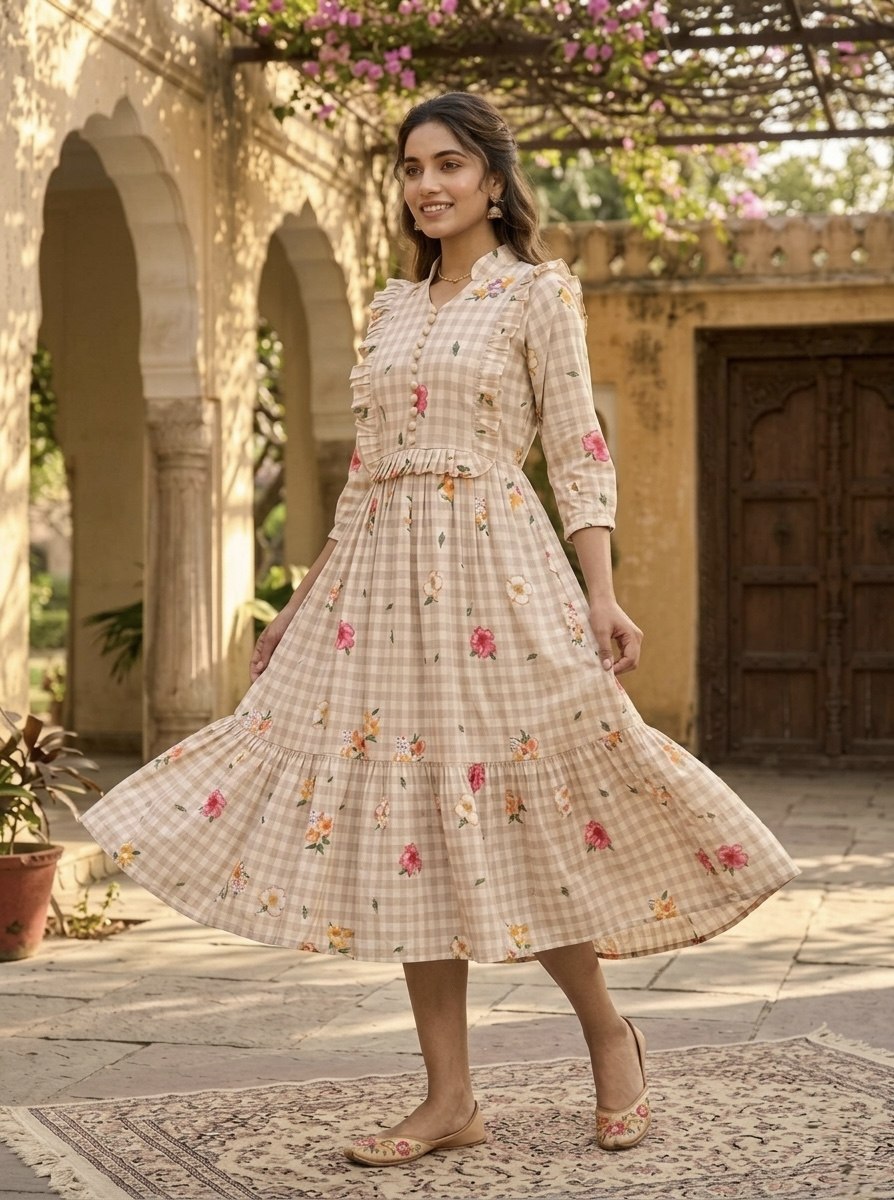 Silk Printed Kurti with Puff Sleeves