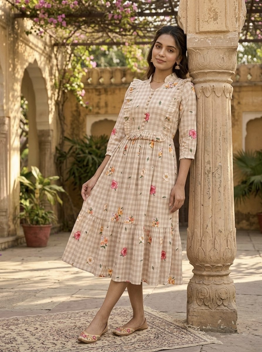 Silk Printed Kurti with Puff Sleeves