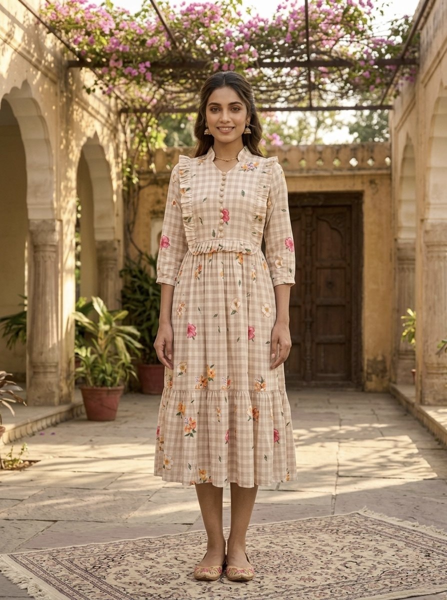 Silk Printed Kurti with Puff Sleeves