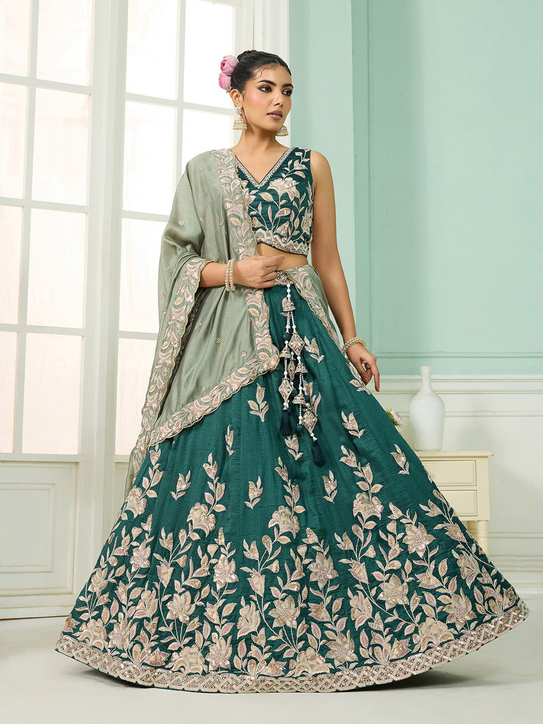 Silk Sequins Embroidered Semi-Stitched Lehenga & Unstitched Blouse With Dupatta