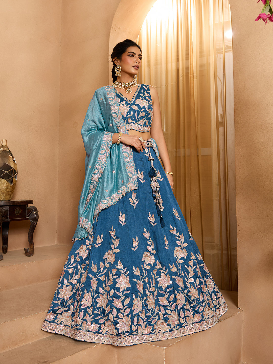 Silk Sequins Embroidered Semi-Stitched Lehenga & Unstitched Blouse With Dupatta