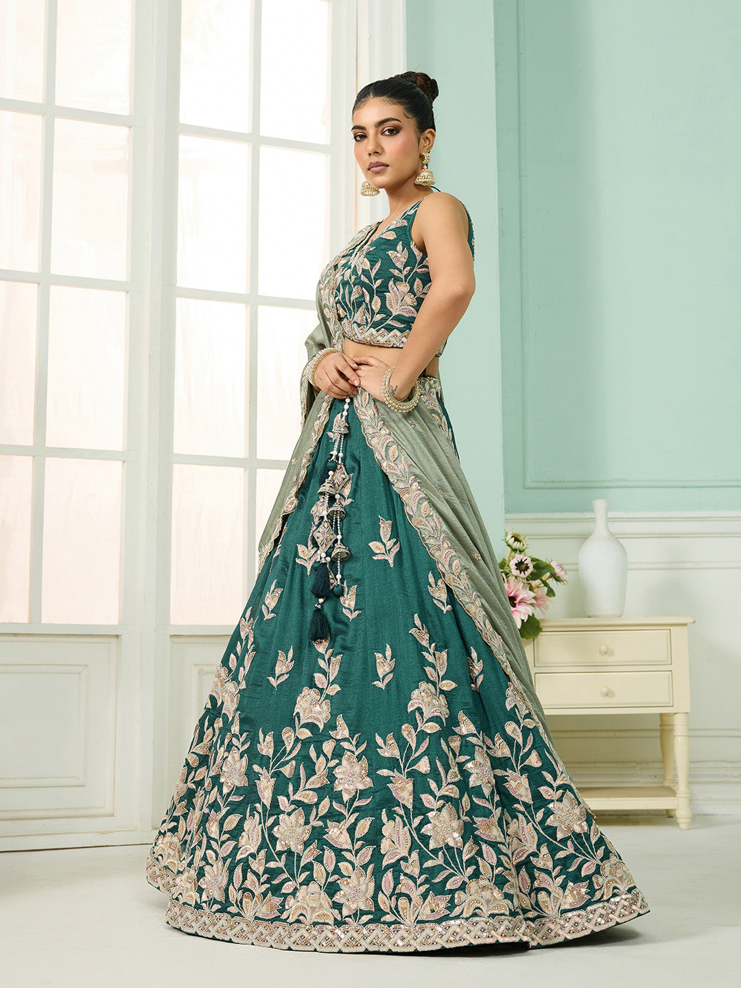Silk Sequins Embroidered Semi-Stitched Lehenga & Unstitched Blouse With Dupatta