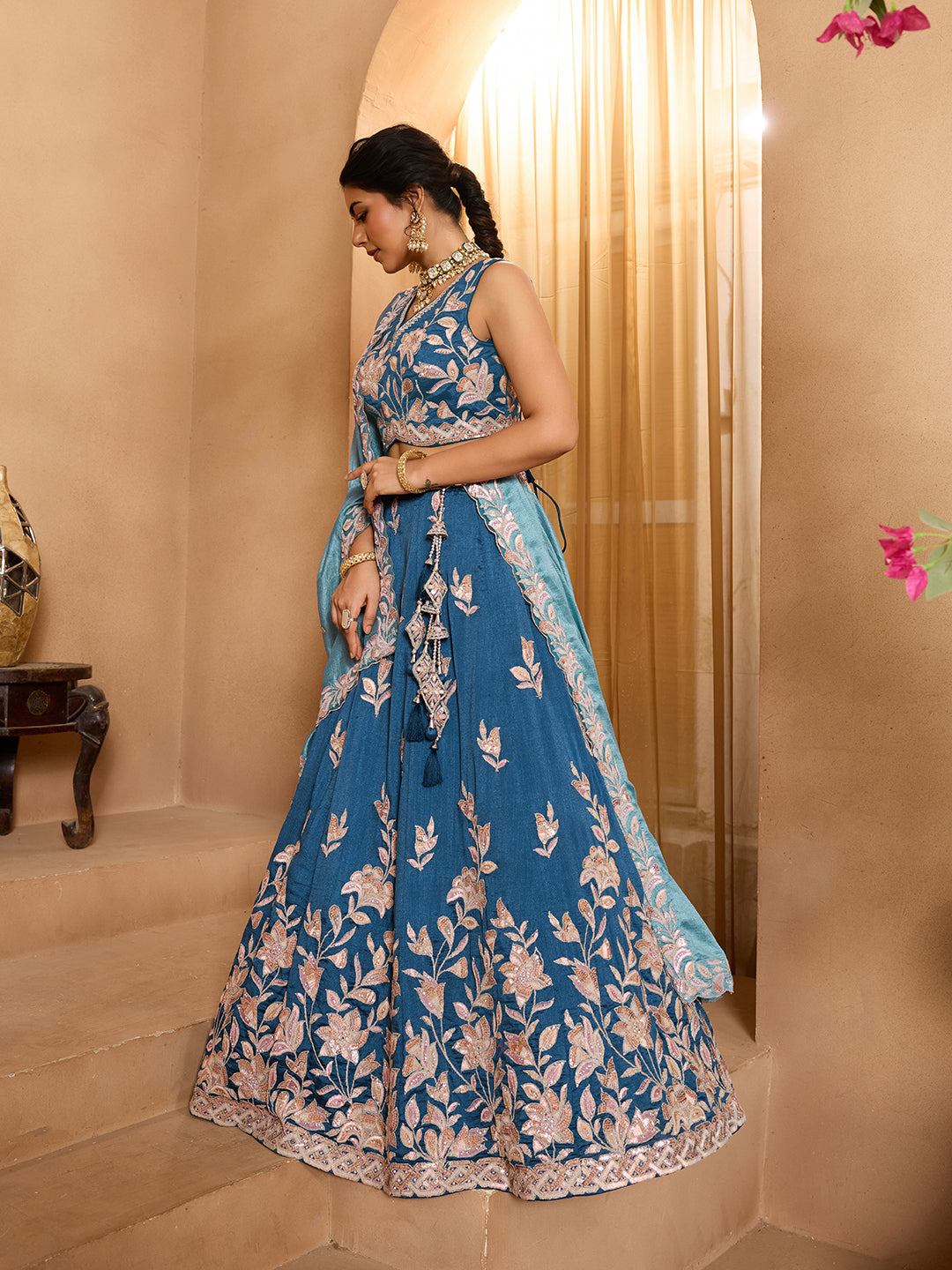 Silk Sequins Embroidered Semi-Stitched Lehenga & Unstitched Blouse With Dupatta