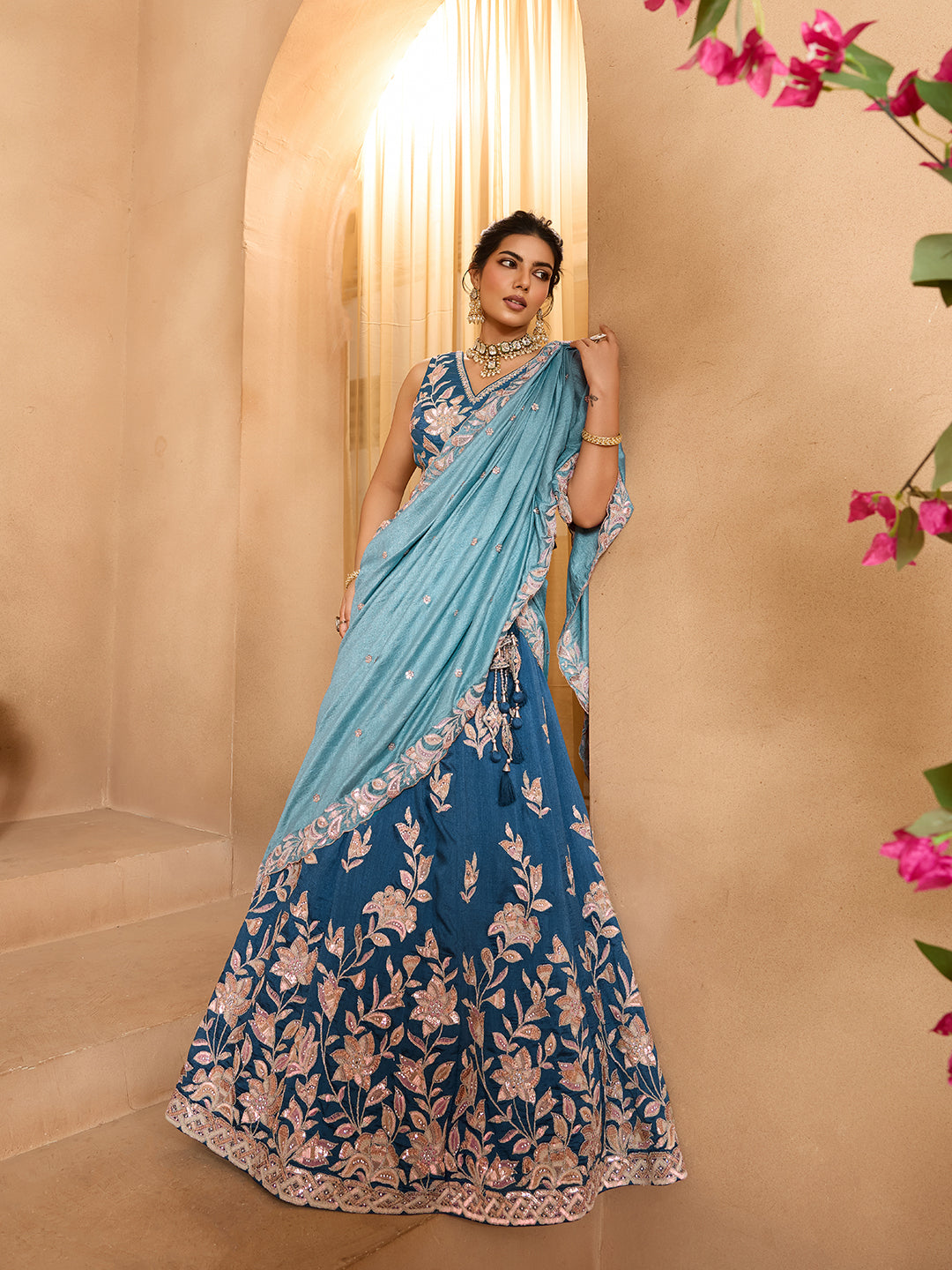 Silk Sequins Embroidered Semi-Stitched Lehenga & Unstitched Blouse With Dupatta