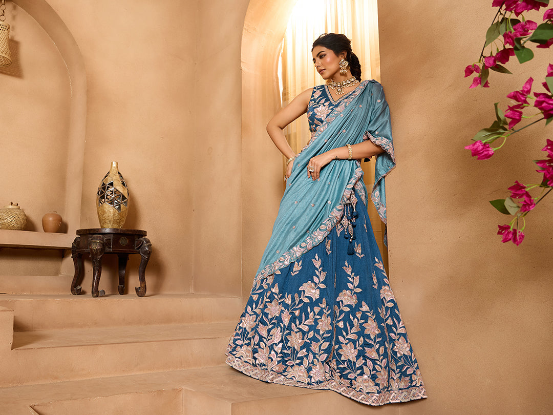 Silk Sequins Embroidered Semi-Stitched Lehenga & Unstitched Blouse With Dupatta