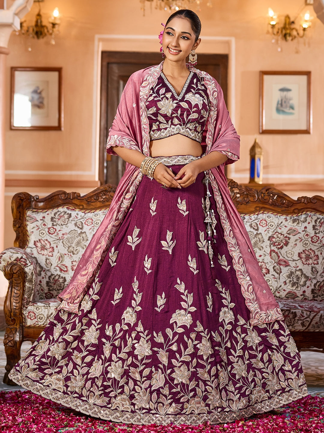 Silk Sequins Embroidered Semi-Stitched Lehenga & Unstitched Blouse With Dupatta