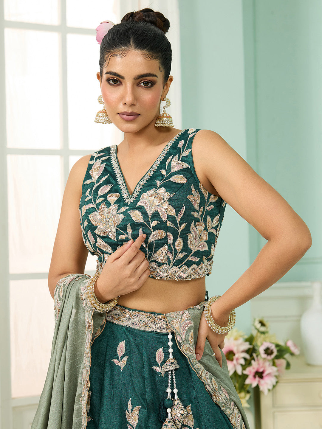Silk Sequins Embroidered Semi-Stitched Lehenga & Unstitched Blouse With Dupatta