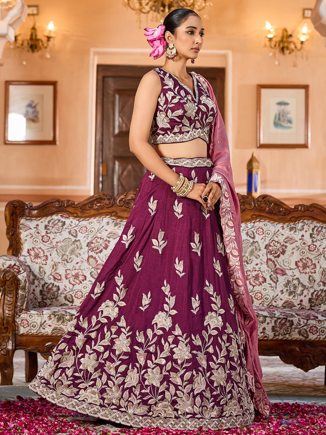 Silk Sequins Embroidered Semi-Stitched Lehenga & Unstitched Blouse With Dupatta
