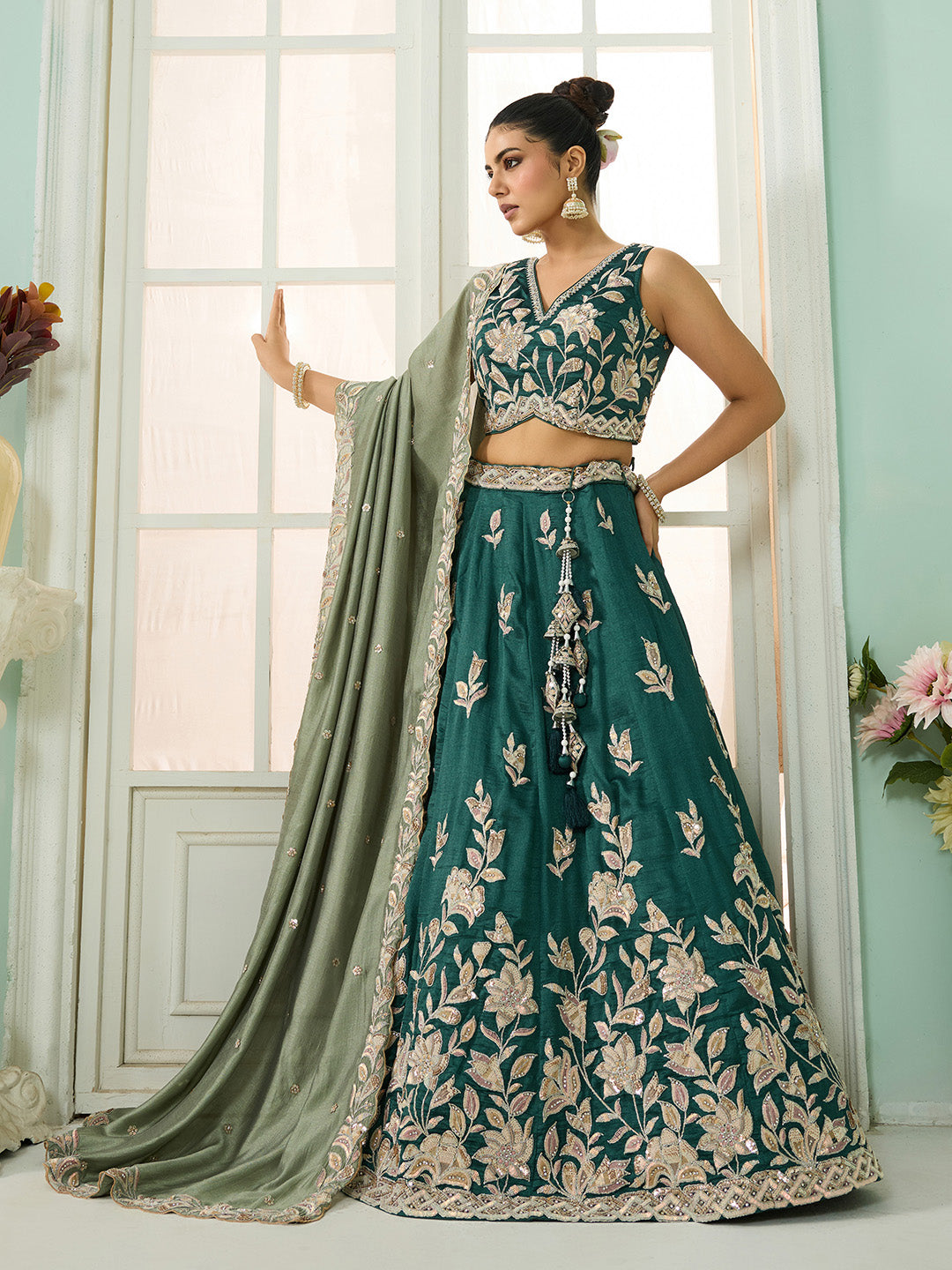 Silk Sequins Embroidered Semi-Stitched Lehenga & Unstitched Blouse With Dupatta