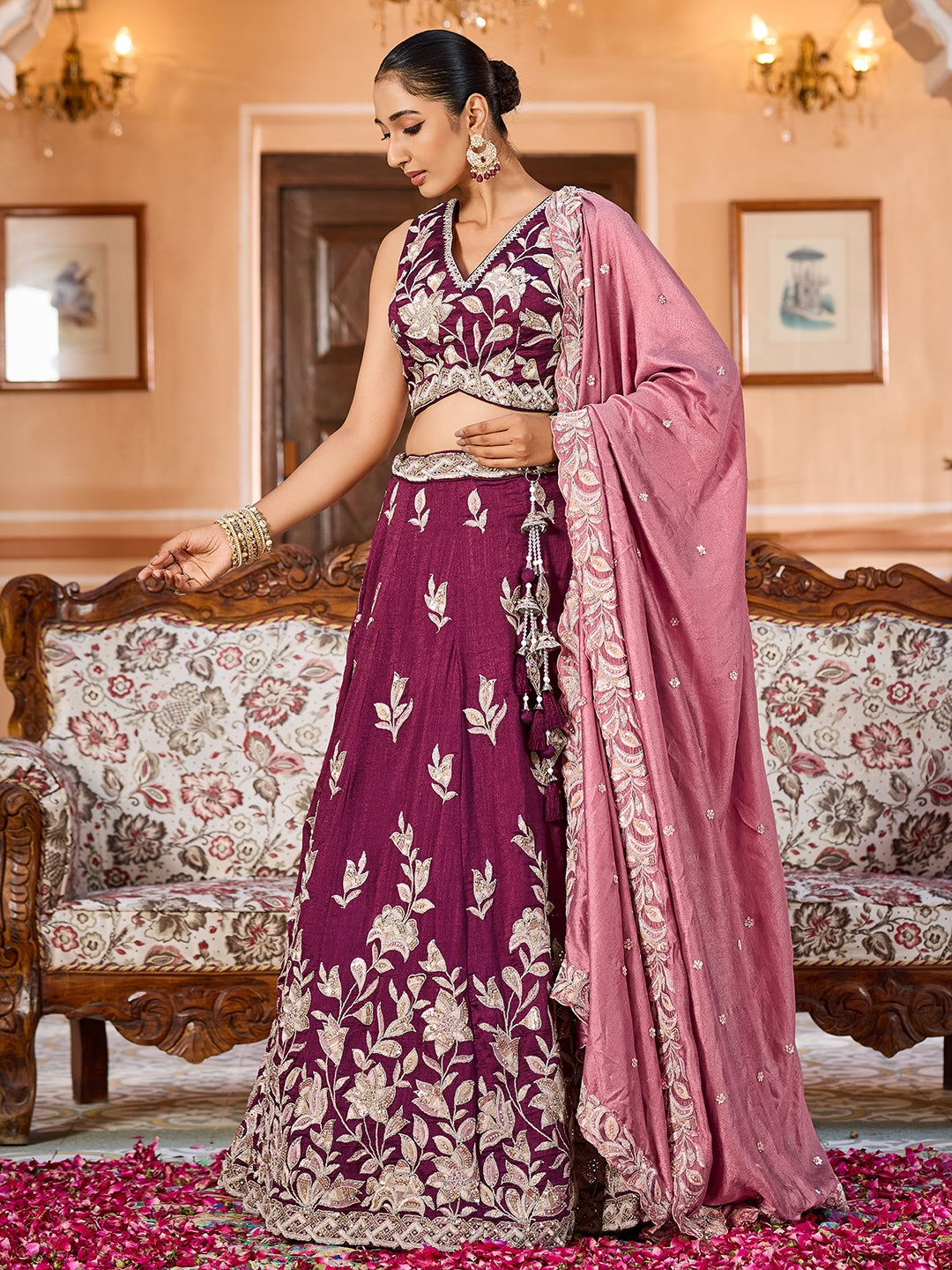 Silk Sequins Embroidered Semi-Stitched Lehenga & Unstitched Blouse With Dupatta