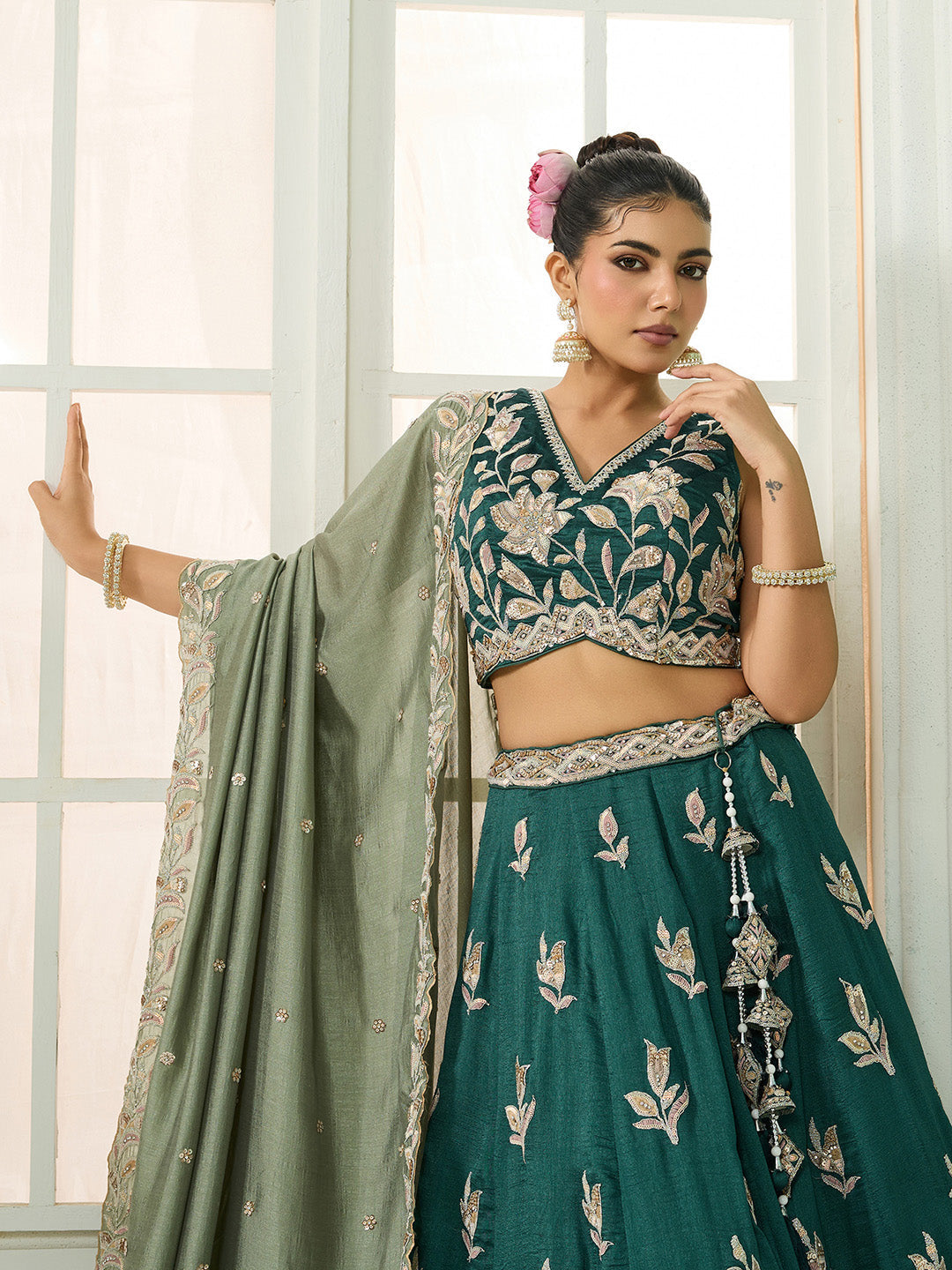 Silk Sequins Embroidered Semi-Stitched Lehenga & Unstitched Blouse With Dupatta