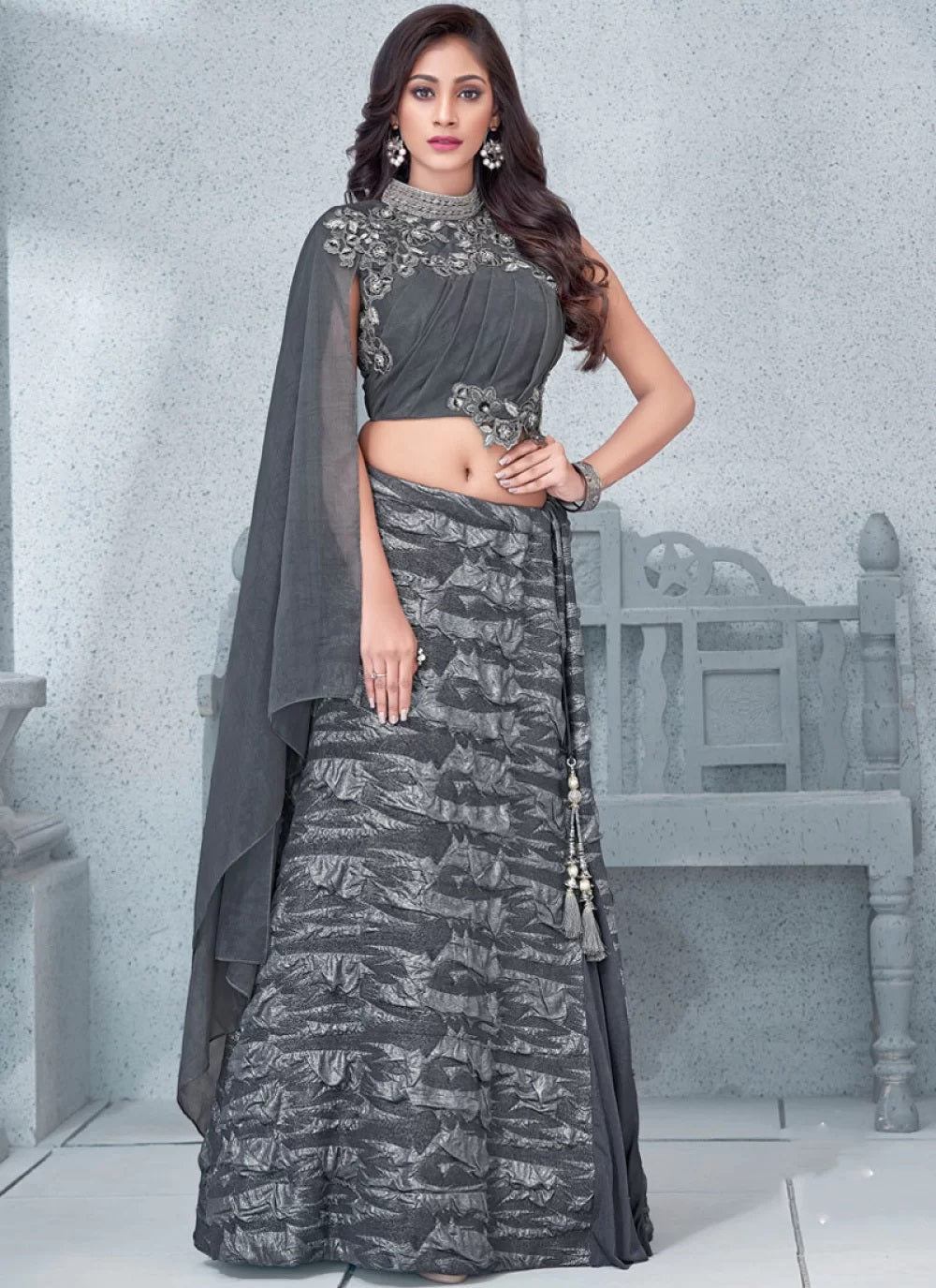 Silver color fancy lyrca hand work party wear lehenga